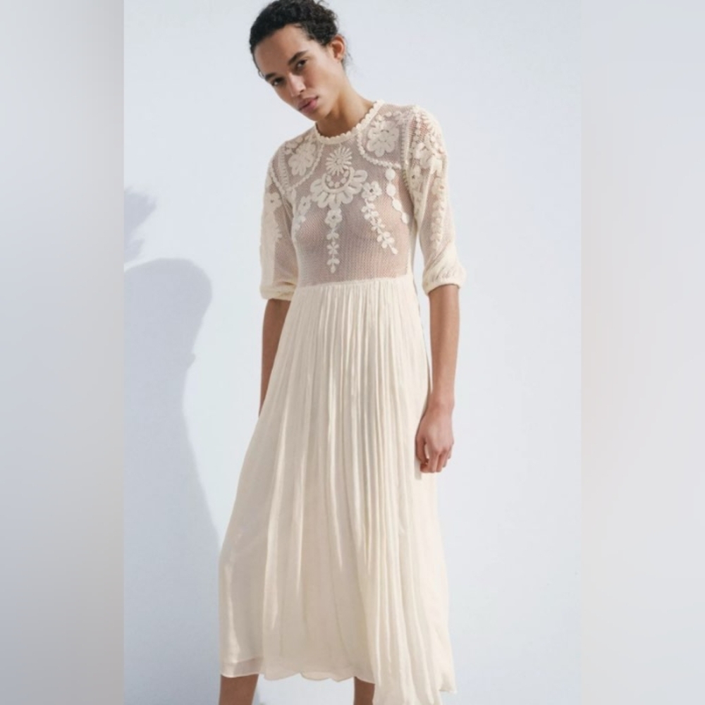 Zara Cream Midi Dress with Lace Bodice